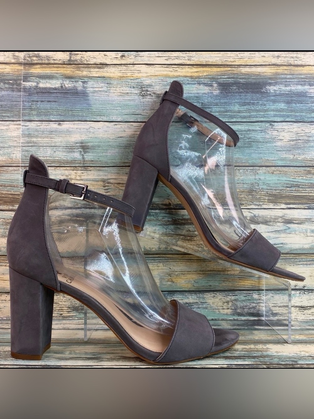 Vince Camuto Corlina Ankle Strap Sandal Womens 9M Gray Nubuck Leather Block Heel